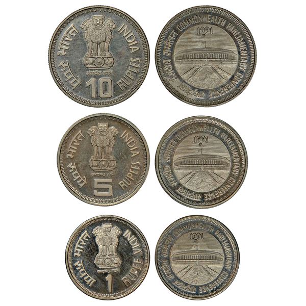 Republic of India: 1991, Commonwealth Parliamentary Conference, set of 3 cupro-nickel