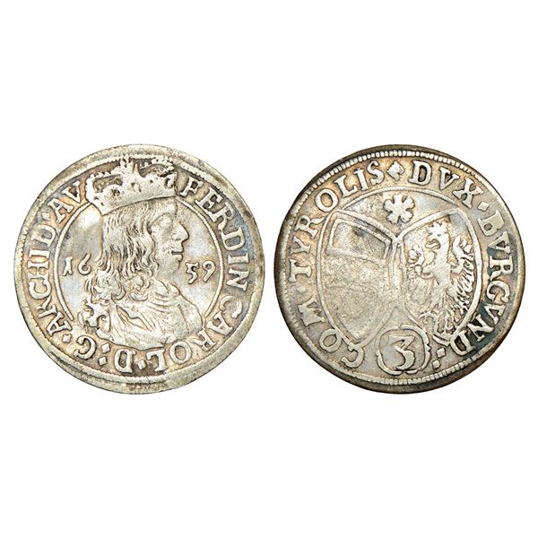 Foreign: Austria, Ferdinand Charles, silver 3 kreuzer, 1659, KM 852, 1.42g.