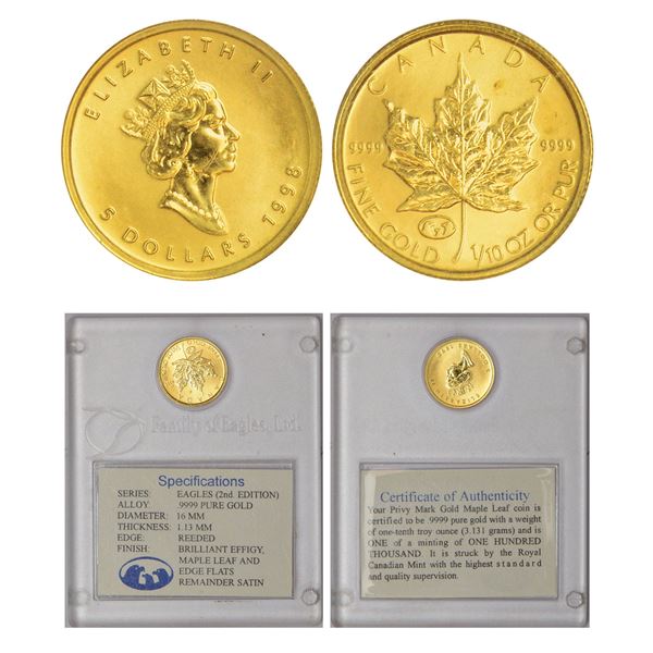 Foreign: Canada, Elizabeth II, gold 5 dollars (1/10th ounce), 1998