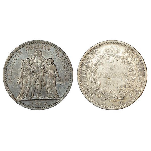 Foreign: France, Modern Republic, silver 5 francs, 1875, Paris mint