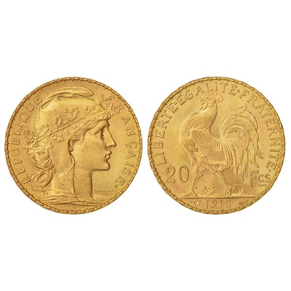Foreign: France, Third Republic, gold 20 francs, 1910, KM 857, 6.44g.