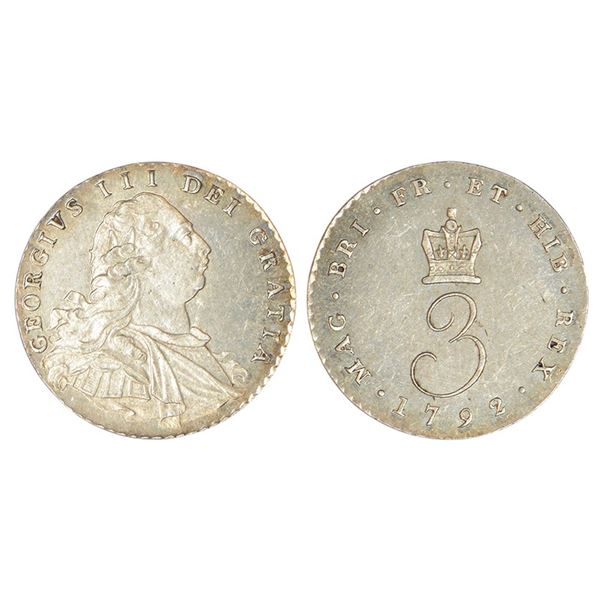 Foreign: Great Britain, George III, silver 3 pence, 1792, KM 612, 1.44g.