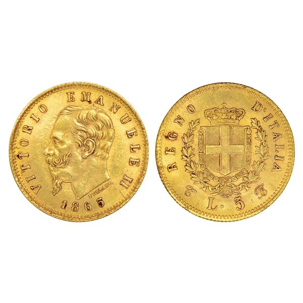 Foreign: Italy, Vittorio Emanuele II, gold 5 lire, 1865, 'T/BN' mint mark