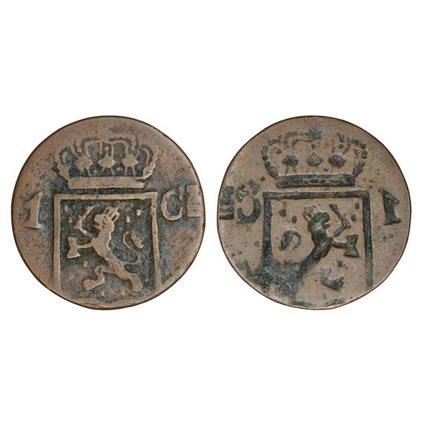 Foreign: Netherlands East Indies, copper cent, part brockage (lakhi)