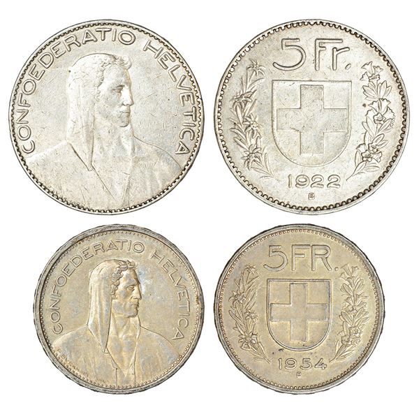 Foreign: Switzerland, silver 5 francs (2), 1922, 24.85g, KM 37 and 1954