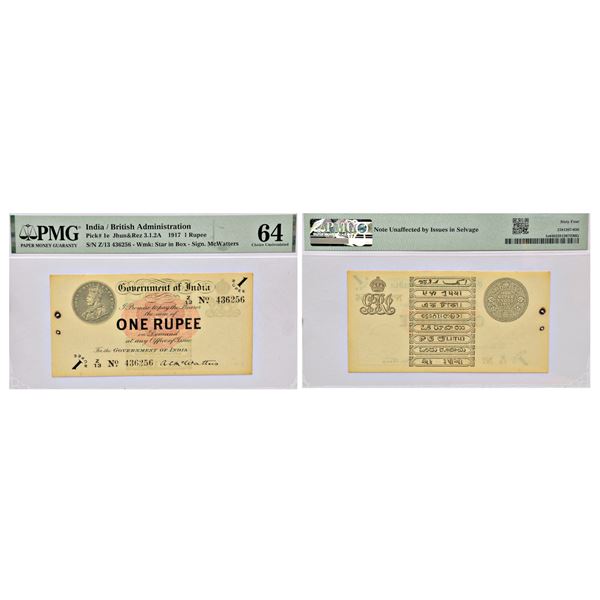 Paper Money: British India, George V, 1 rupee, Universalized circle, 1917