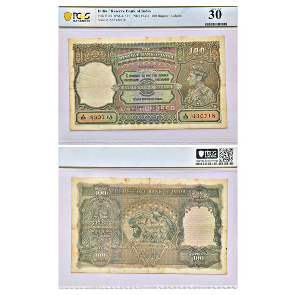 Paper Money: British India, George VI, 100 rupees, ND (1938), Lahore circle