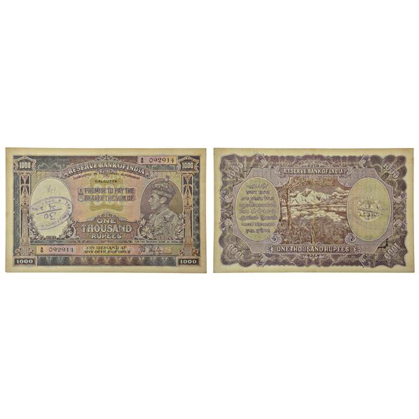 Paper Money: British India, George VI, 1000 rupees, Calcutta circle, ND (1938)