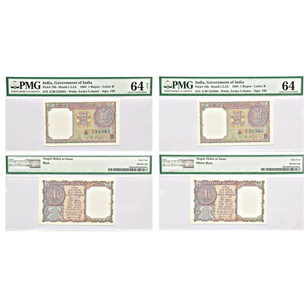 Paper Money: 1 rupee (2 notes), 1964, signed by S. Bhoothalingam, inset 'B'