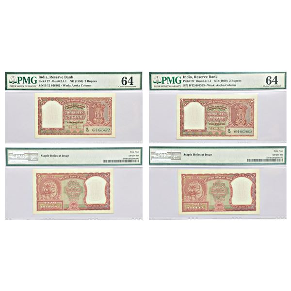 Paper Money: 2 rupees (2), Tiger bust series, ND (1950), signed by B. Rama Rau