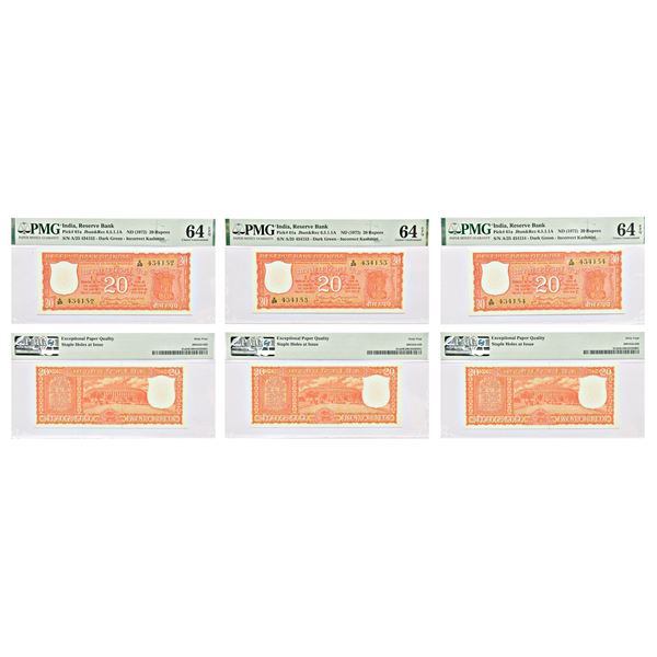 Paper Money: 20 rupees (3 notes), Parliament House series, ND (1972)