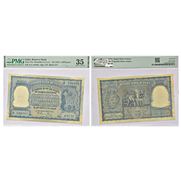 Paper Money: 100 rupees, Elephant series, ND (1951), signed by B. Rama Rau