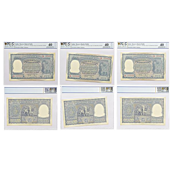 Paper Money: 100 rupees (3), Elephant series, ND (1953-57), Calcutta circle