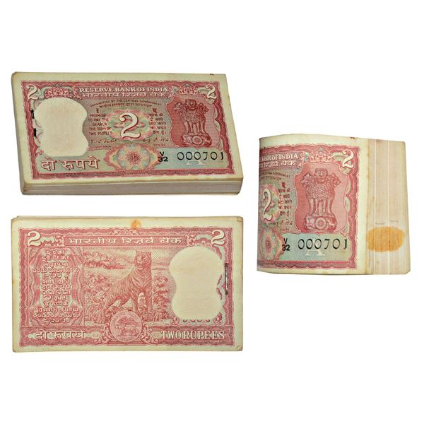Paper Money: 2 rupees, fancy number full packet of 100 notes, Tiger series