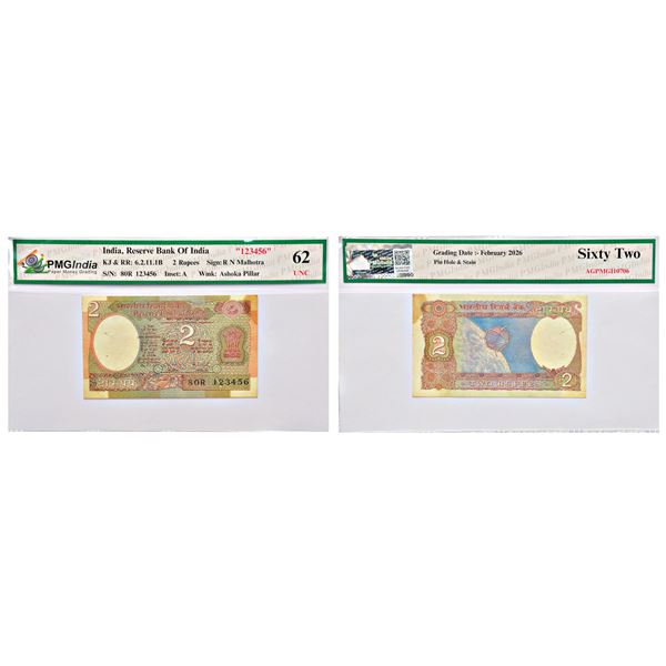 Paper Money: 2 rupees, fancy number note, Aryabhatta series, signed by R.N Malhotra