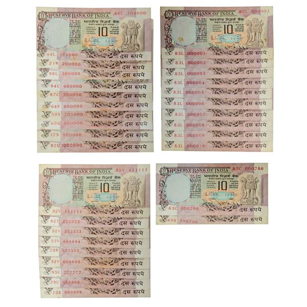 Paper Money: 10 rupees, set of 31 fancy number notes