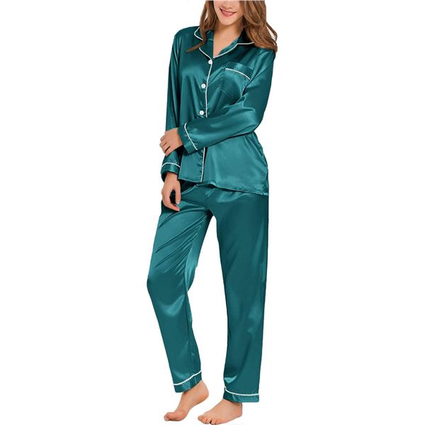 SWOMOG Womens Green Satin Silk Pajamas Long Sleeve Sleepwear Two Pieces Loungewear Button Down Pjs S