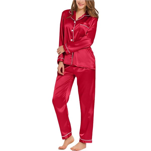 SWOMOG Womens Red Satin Silk Pajamas Long Sleeve Sleepwear Two Pieces Loungewear Button Down Pjs Set