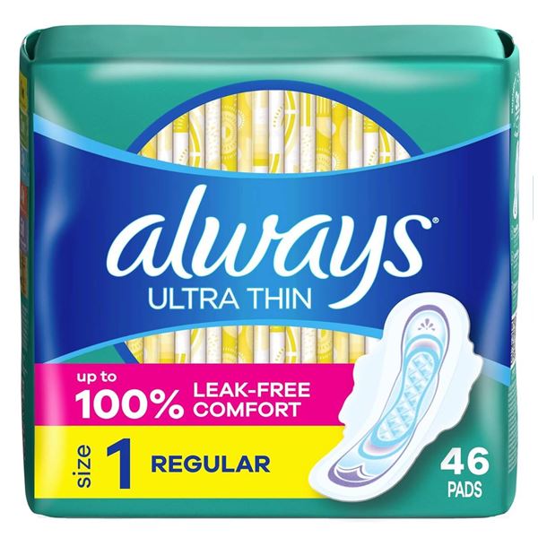 Always Ultra Thin Pads with Wings, Regular, 46 Count