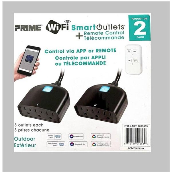 Prime WiFi Smart Outlets with Remote Control, 2-Pack, Model ART 12953