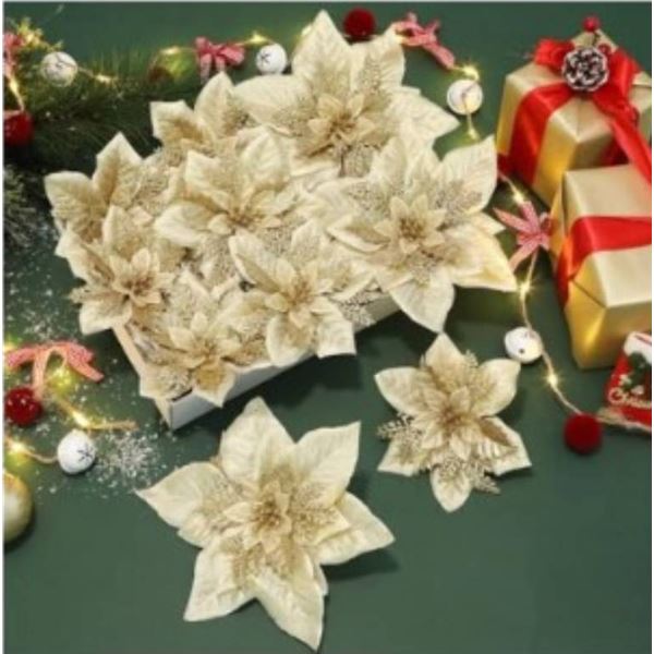 Alupssuc 24PCS 6-Inch and 9-Inch Gold Artificial Poinsettia Flowers Decoration