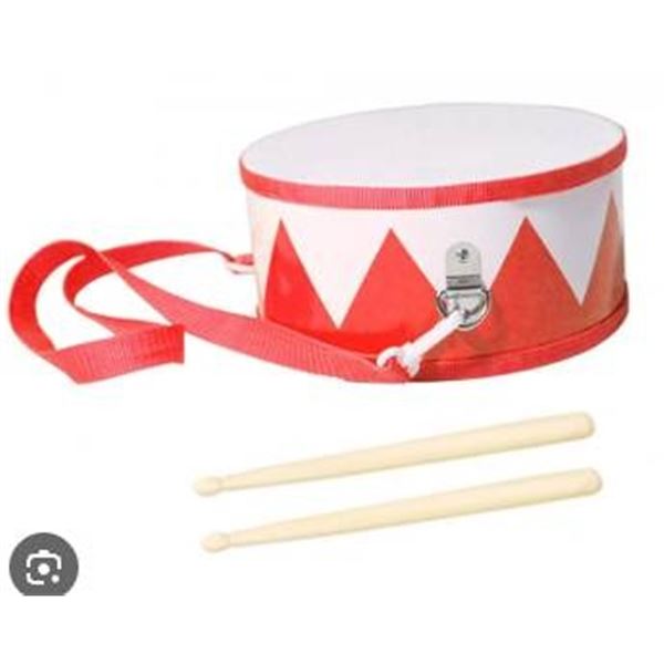 Red And White Toy Drum With Drumsticks And Strap
