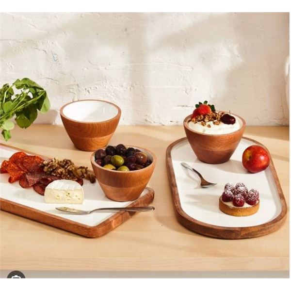5-Piece Enameled Serving Set with Wooden Bowls and Tray