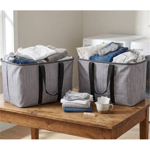 2 Gray Fabric Collapsible Storage Totes with Handles