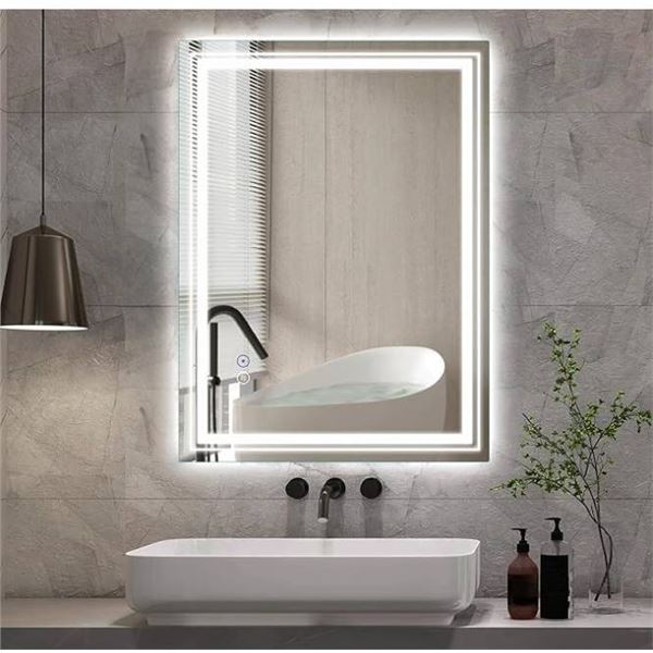 LED Bathroom Mirror 28x36 Inch, Dimmable 3 Color Bathroom Mirror, Adjustable Brightness,Anti-Fog, CR
