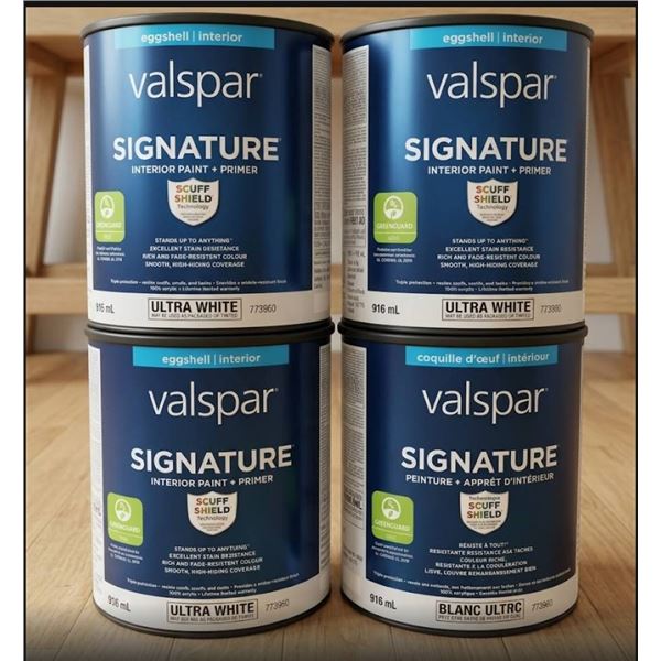 Lot of 4 - Valspar Signature Interior Paint + Primer, 916 mL, Ultra White