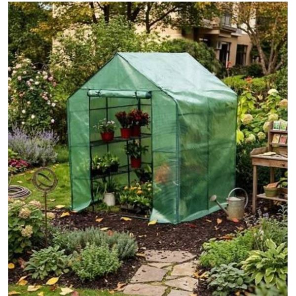 Walk-In Greenhouse 56in x 56in x 77in with PE Cover and Zipper Front Roll-Up Access