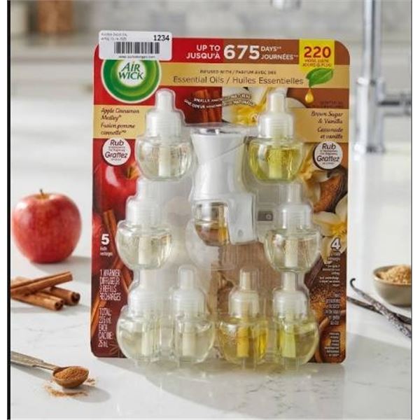 Air Wick Essential Oils 9 Refills, Apple Cinnamon Medley and Brown Sugar Vanilla *1 Missing from pac
