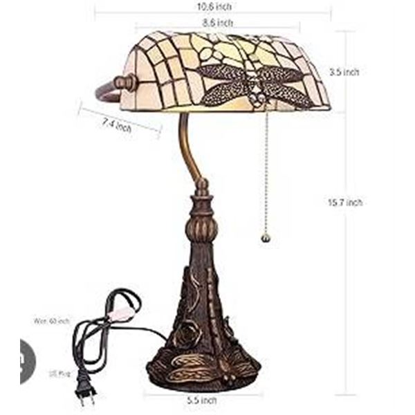 Stained Glass Desk Lamp with Dragonfly Design and Metal Base