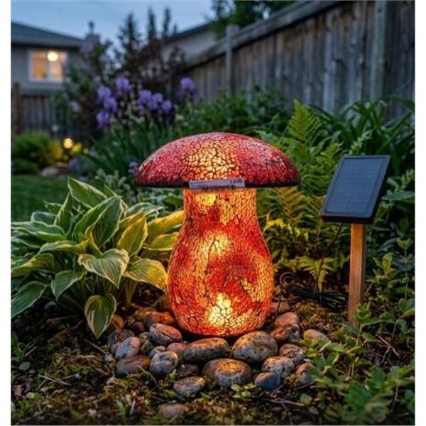 Solar-Powered Mushroom-Shaped LED Light with Crackled Glass Design