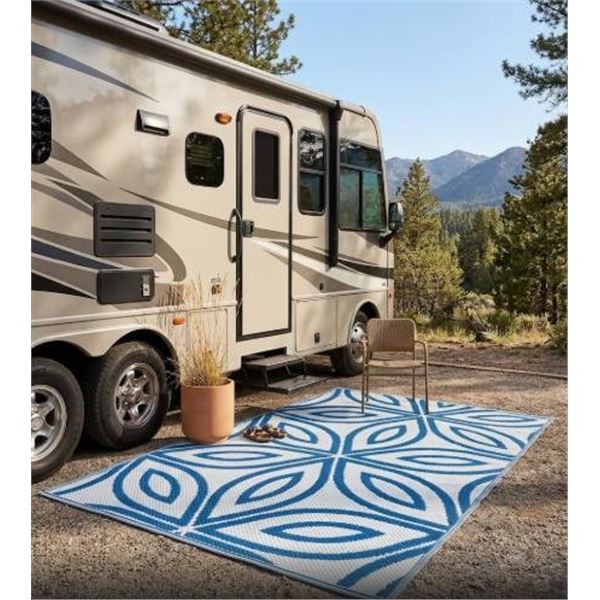 Blue and White Geometric Outdoor Rug