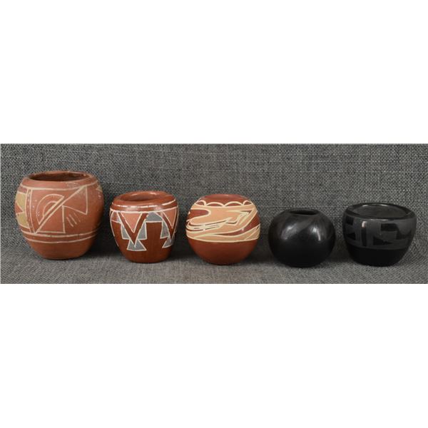 FIVE SANTA CLARA POTTERY JARS (SIGNED)