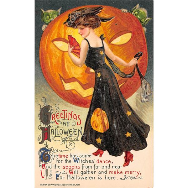 Winsch Halloween Woman with Pumpkin & Goblin Holiday Greeting Postcard