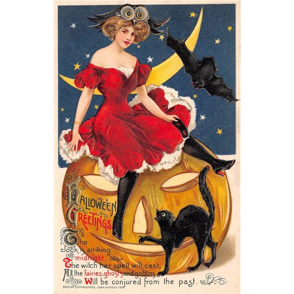 Winsch Halloween Woman Moon JOL & Black Cat Holiday Postcard