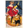 Image 1 : Winsch Halloween Woman Moon JOL & Black Cat Holiday Postcard