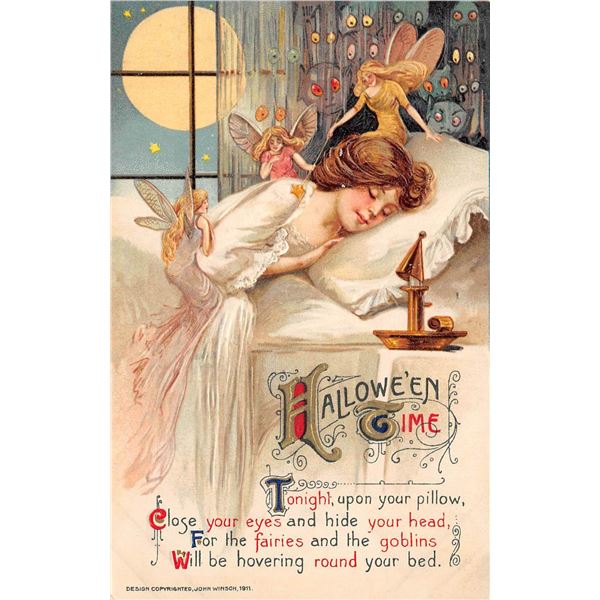 Winsch Halloween Sleeping Woman & Fairies Holiday Greeting Postcard