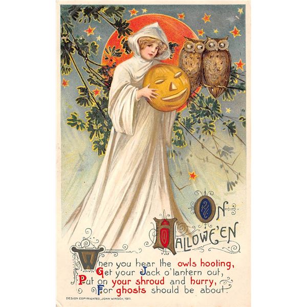 Winsch Halloween Woman as Ghost Holding Pumpkin Holiday Greeting Postcard