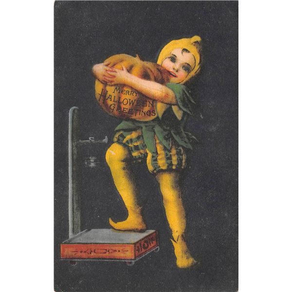 Clapsaddle Black Background Merry Halloween Child Wolf Pub. Holiday Greeting PC