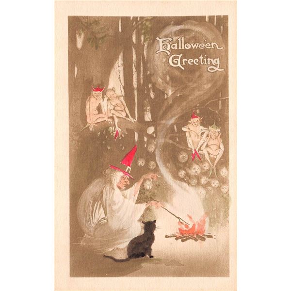 Gibson Art Halloween Sepia Witch & Goblins with Cat Holiday Greeting PC