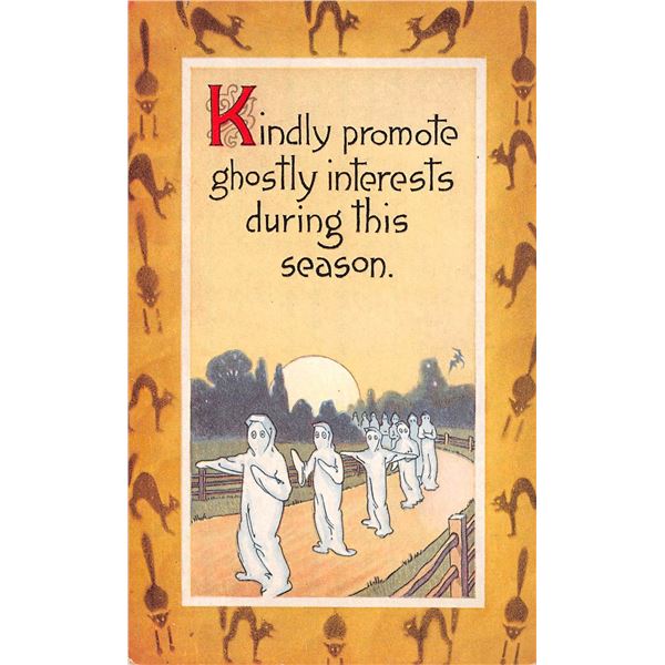 Gibson Art Orange Border & Cats Ghost Halloween Holiday Greeting PC