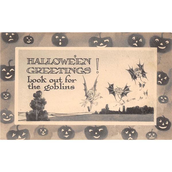 Gibson Art Black & White Pumpkin Border Goblins Halloween Postcard