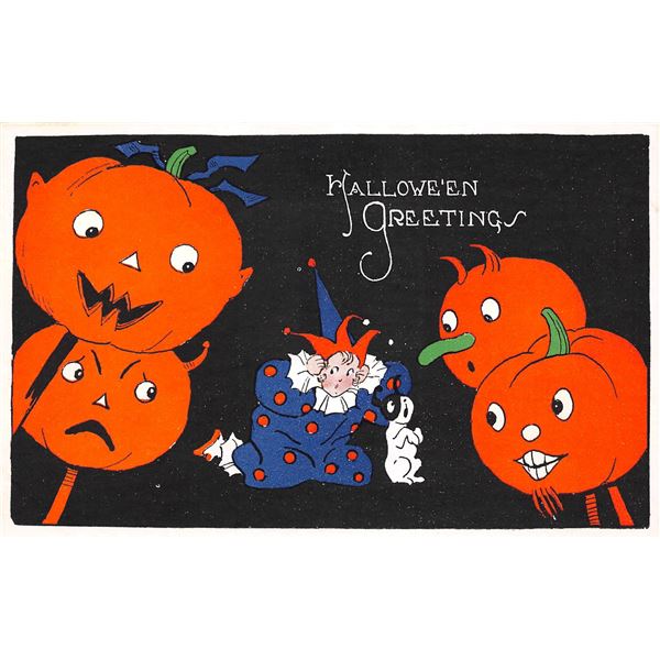 Black Background Gibson Pumpkins & Jester Halloween Postcard