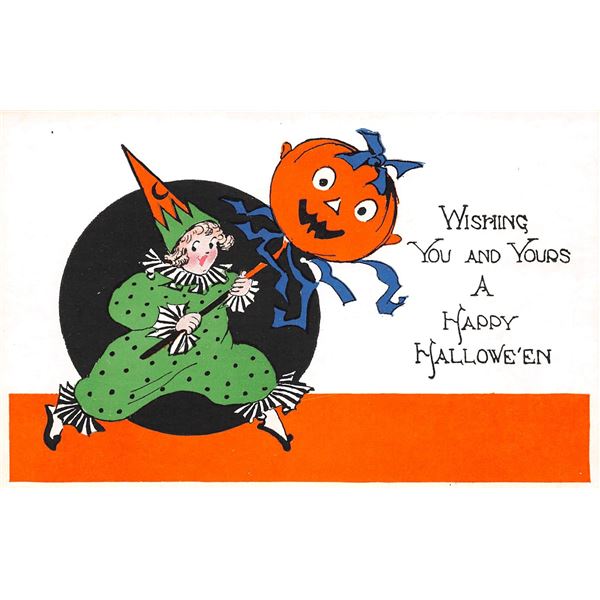 Gibson Art Girl Clown Holding Pumpkin Halloween Postcard