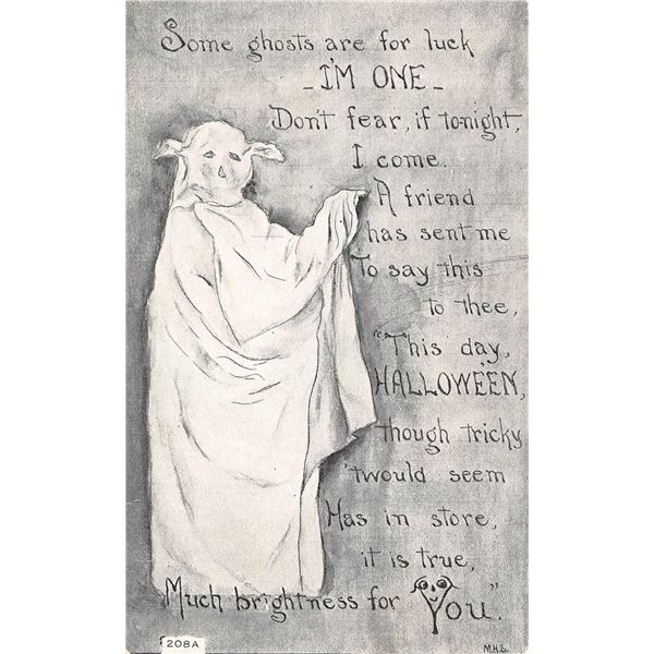 F.A. Owen Black & White Ghost Halloween Holiday Postcard