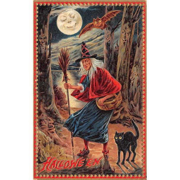 Tuck Series 160 Witch & Black Cat Halloween Holiday Greeting Postcard