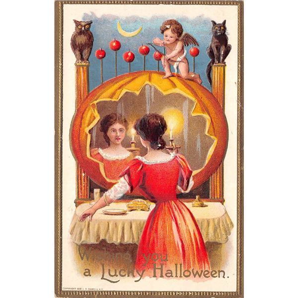 Lucky Halloween Conwell Woman with Cat & Owl Holiday PC